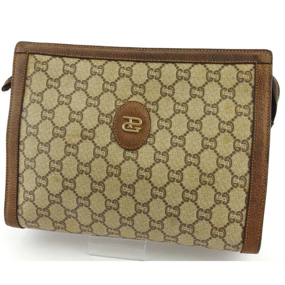 GUCCI clutch bag GG plus beige PVC �~ leather Auth used T18207 - Picture 1 of 8